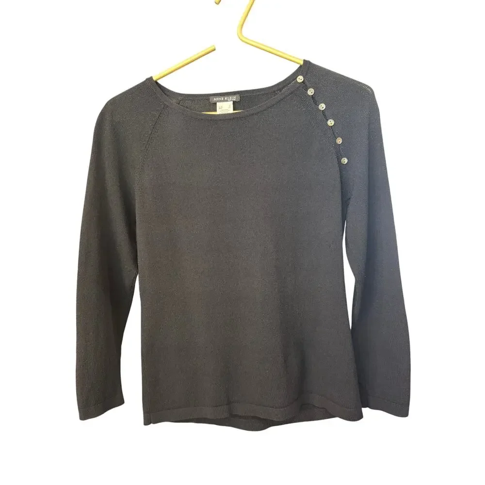 Anne Klein Black Button Shoulder Sweater S Pearlized Shell Button Raglan Knit